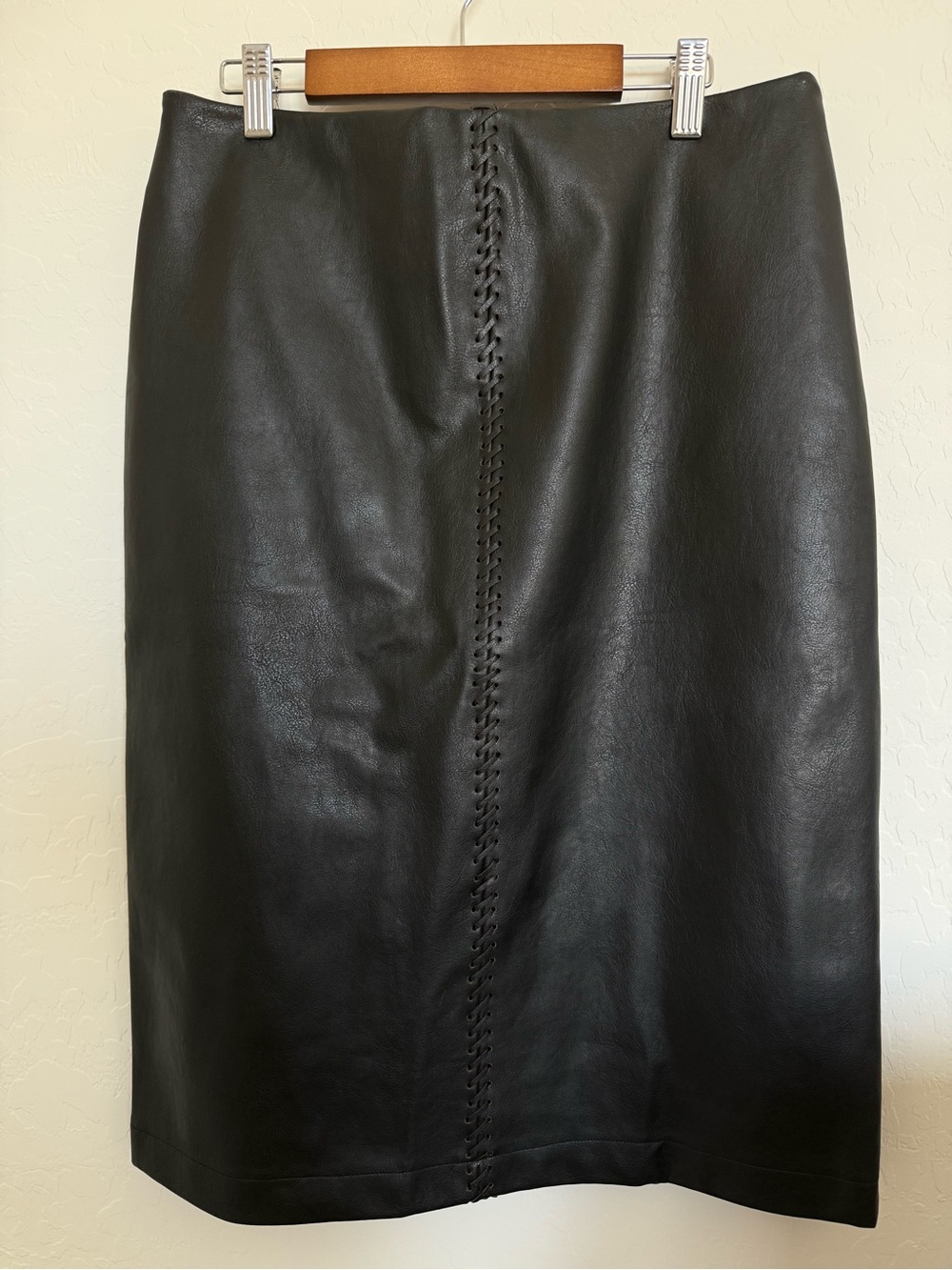 90s Vintage George Black Faux Leather Pencil Skirt with Center Whipstitch